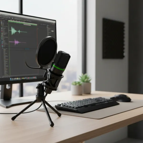 Microphone condensateur USB AyeBeau cardioïde noir sur bureau avec ordinateur et clavier