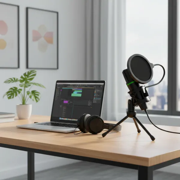 Microphone condensateur USB AyeBeau cardioïde sur bureau avec PC portable et casque audio