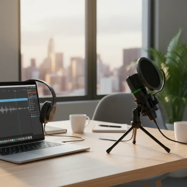 Microphone condensateur USB AyeBeau cardioïde avec support et filtre anti-pop sur bureau à côté d'un ordinateur portable