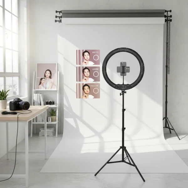 18" / 21" Ring Light LED 50W Bi-color 3000K-6000K avec Télécommande AMBITFUL KN-21C Ring Light LED 50W bi-color 3000K-6000K AMBITFUL KN-21C avec télécommande sur trépied dans studio photo