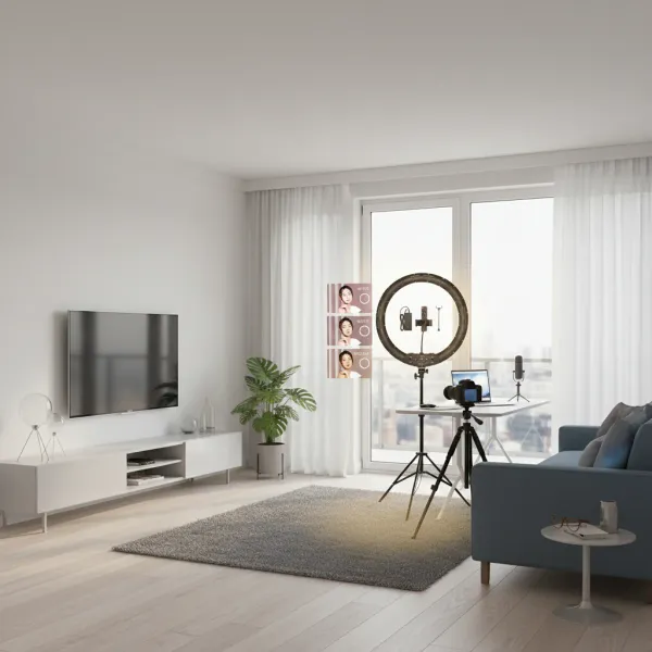 Ring Light LED 50W Bi-color 3000K-6000K avec Télécommande - AMBITFUL KN-21C Ring Light LED bi-color 18-21 pouces avec télécommande installé dans un salon moderne pour la prise de vue photo-vidéo