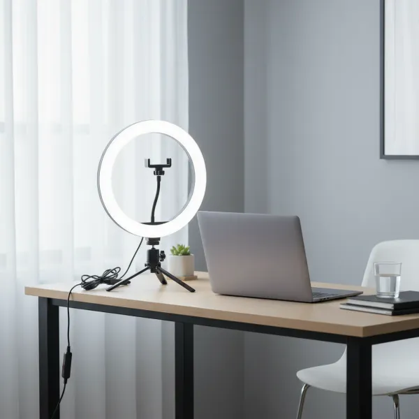 Anneau LED selfie dimmable bi-color 16 26 33cm avec support de smartphone sur bureau moderne