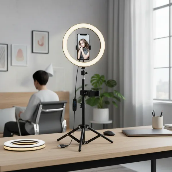 LED selfie ring lamp Mrgabwte avec trépied et télécommande sur un bureau en lumière chaude