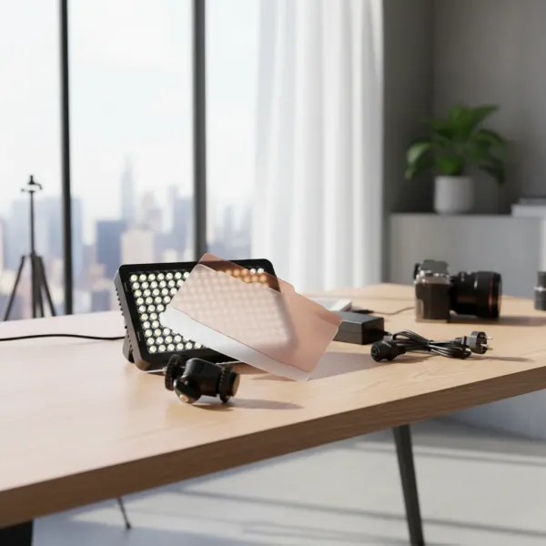 Camera HD 176 LED Video Light Lamp 11W 1320LM Bi-Color Dimmable - SETTO Camera HD 176 LED video light lamp 11W 1320LM bi-color dimmable by SETTO on desk