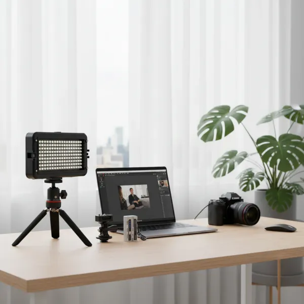 Viltrox VL-162T panneau LED Bi-color CR95 posé sur un bureau à côté d'un ordinateur portable et d'un appareil photo