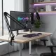 Microphone studio professionnel avec bras articulé et antichoc métallique installé sur un bureau d'enregistrement